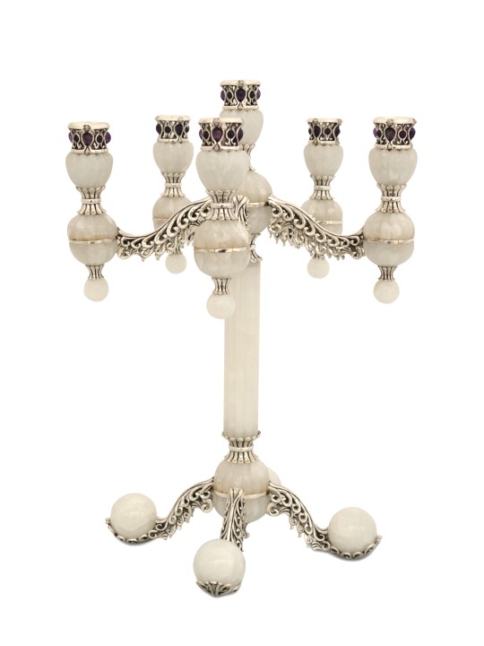 Five Arms White Onyx Candelabra with Amethyst Ston , Passover Gifts ,