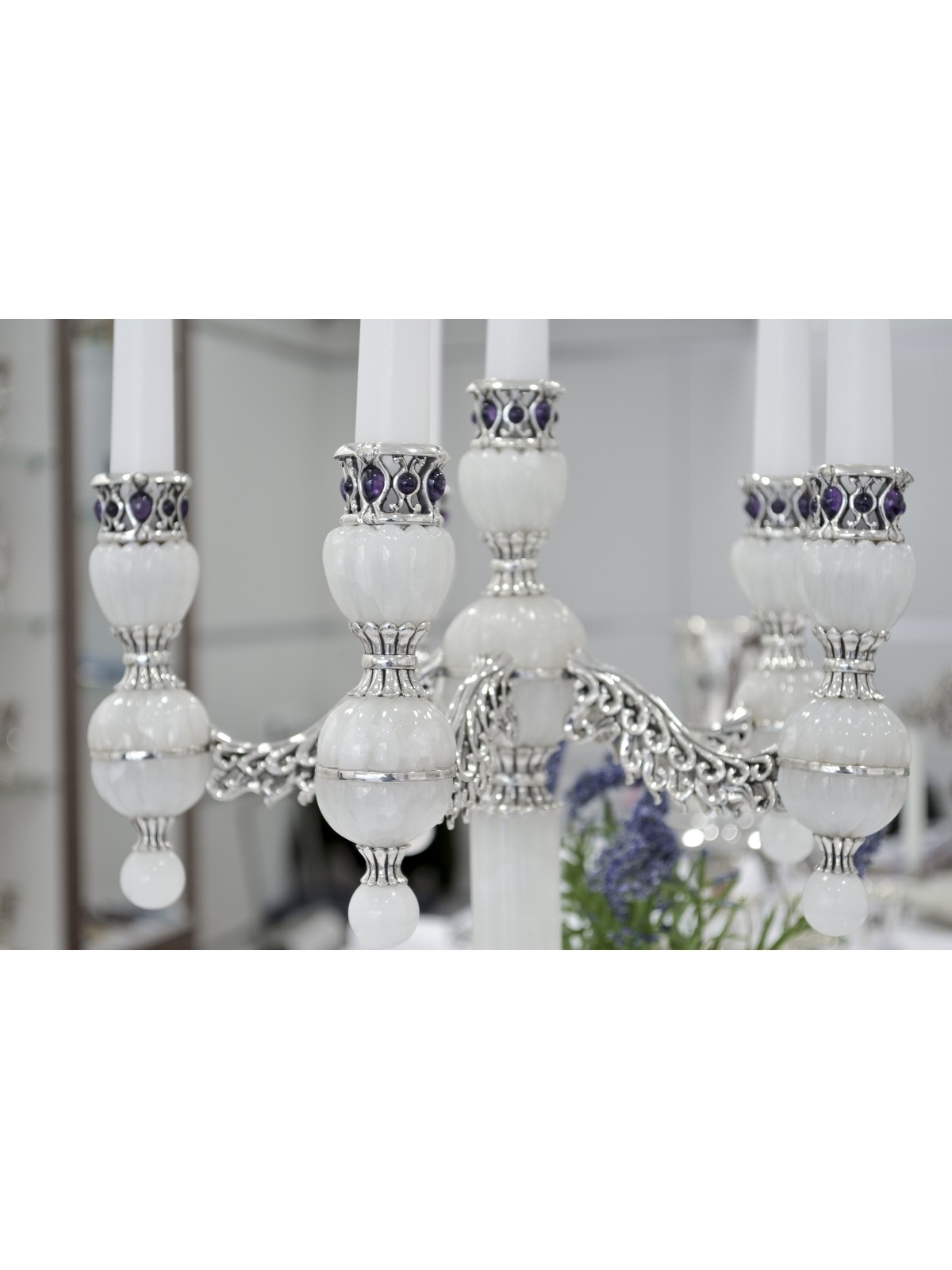 Candélabre en onyx blanc à cinq bras avec améthyste Ston, cadeaux de Pâque,
