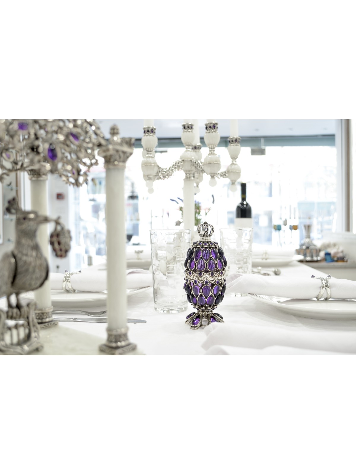 Five Arms White Onyx Candelabra with Amethyst Ston , Passover Gifts ,