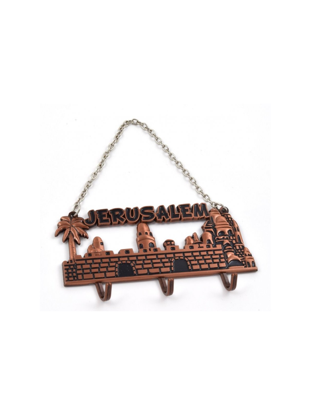 Wall Key Hanger with Chain Jerusalem Landscape Copper Color | Clocks