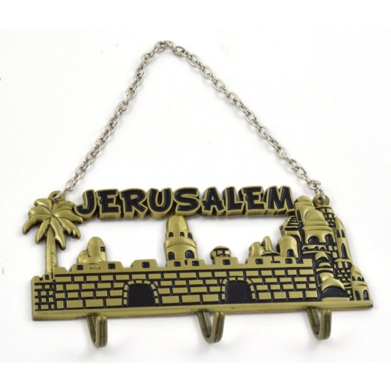 Wall Key Hanger with Chain Jerusalem Landscape Gold and Black | Clocks