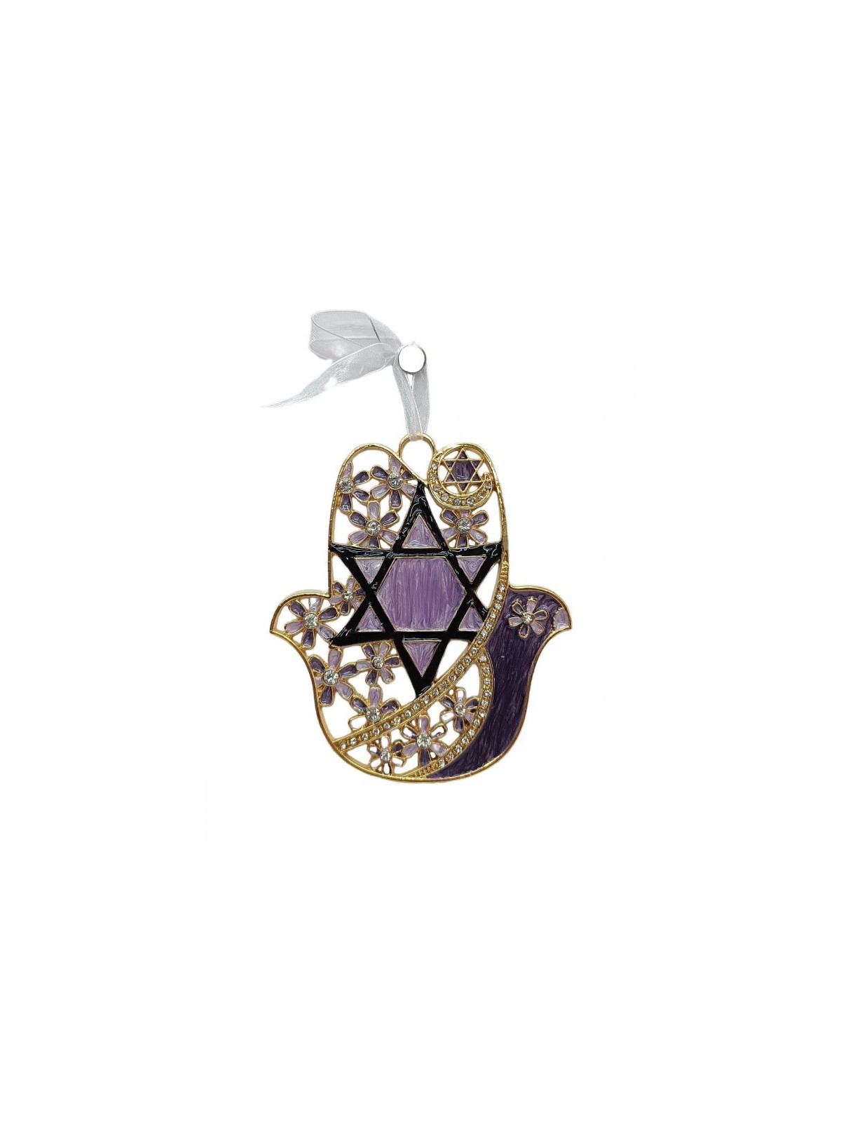 Gleaming Hamsa Wall Hanging Star of David and Flowers... | Metal Hamsa