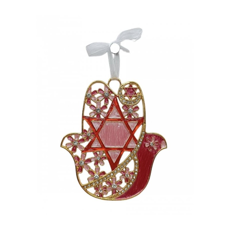 Gleaming Hamsa Wall Hanging Star of David and Flowers... | Metal Hamsa