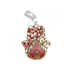 Gleaming Hamsa Wall Hanging Pomegranates and Leaves %... | Metal Hamsa