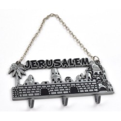 Wall Key Hanger with Chain Jerusalem Landscape Silver Pewter | Clocks