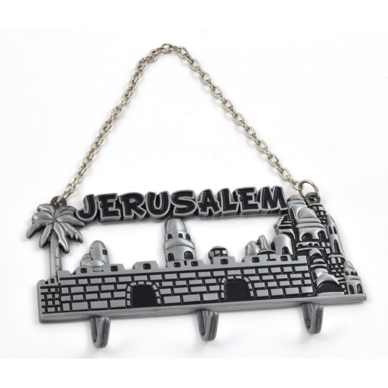 Wall Key Hanger with Chain Jerusalem Landscape Silver Pewter | Clocks