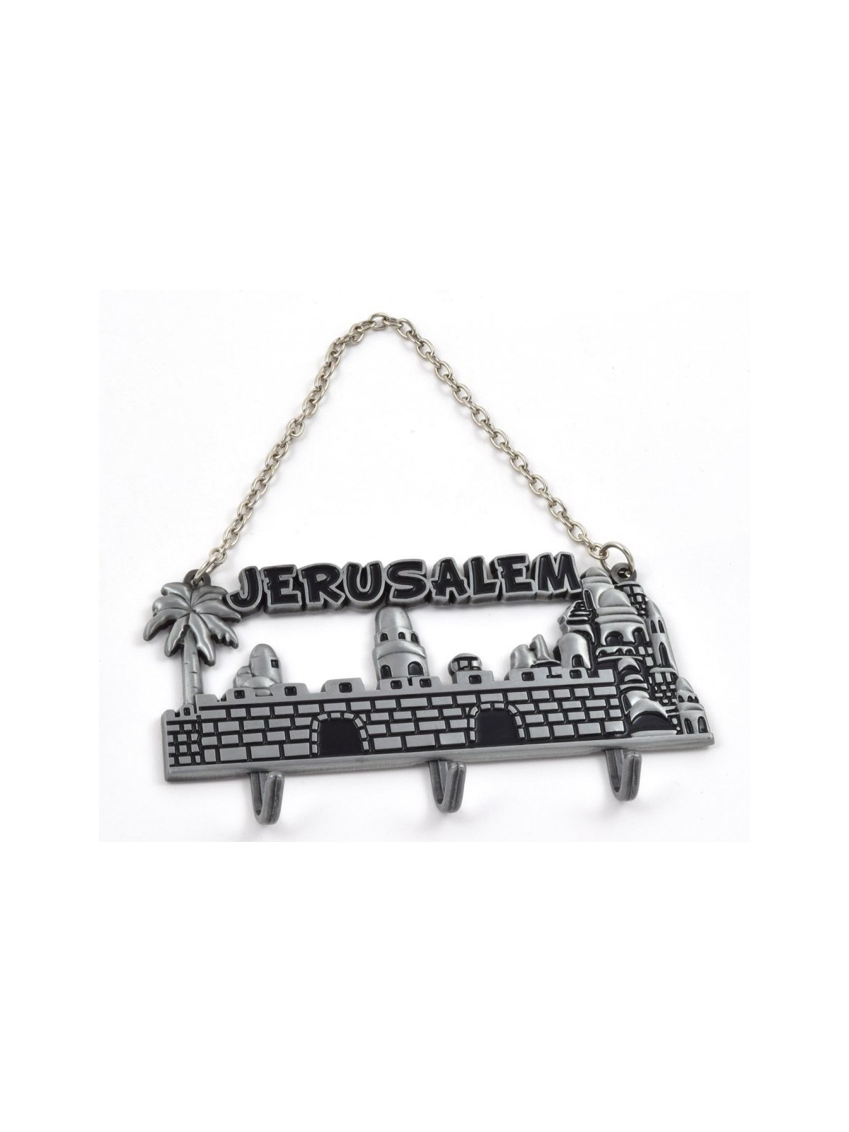 Wall Key Hanger with Chain Jerusalem Landscape Silver Pewter | Clocks