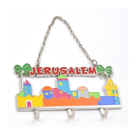 Wall Key Hanger with Chain Jerusalem Landscape Colorful Pa... | Clocks