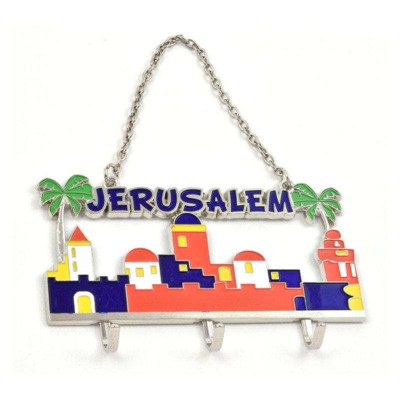 Wall Key Hanger with Chain Jerusalem Landscape Colorful | Clocks