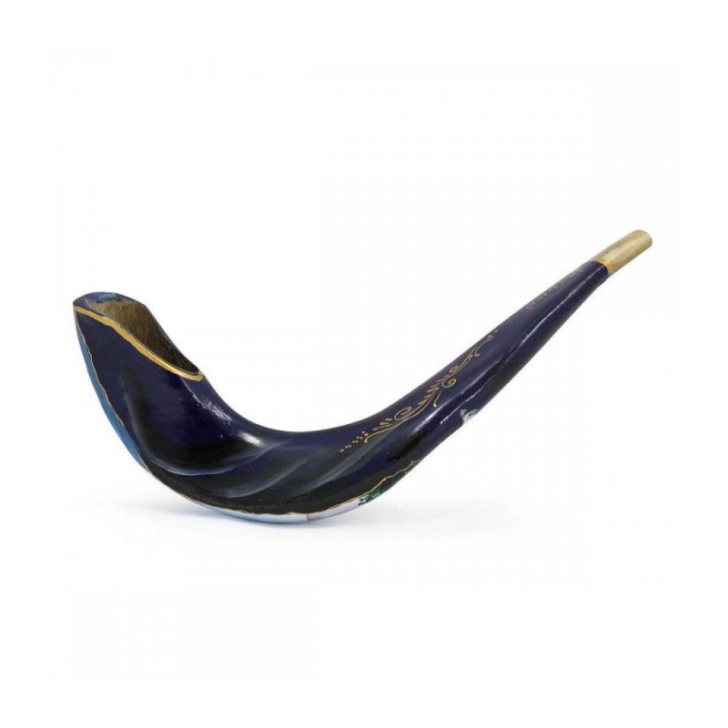 Hand Painted in Israel Rams Horn Shofar Blue Ja... | Decorated Shofars