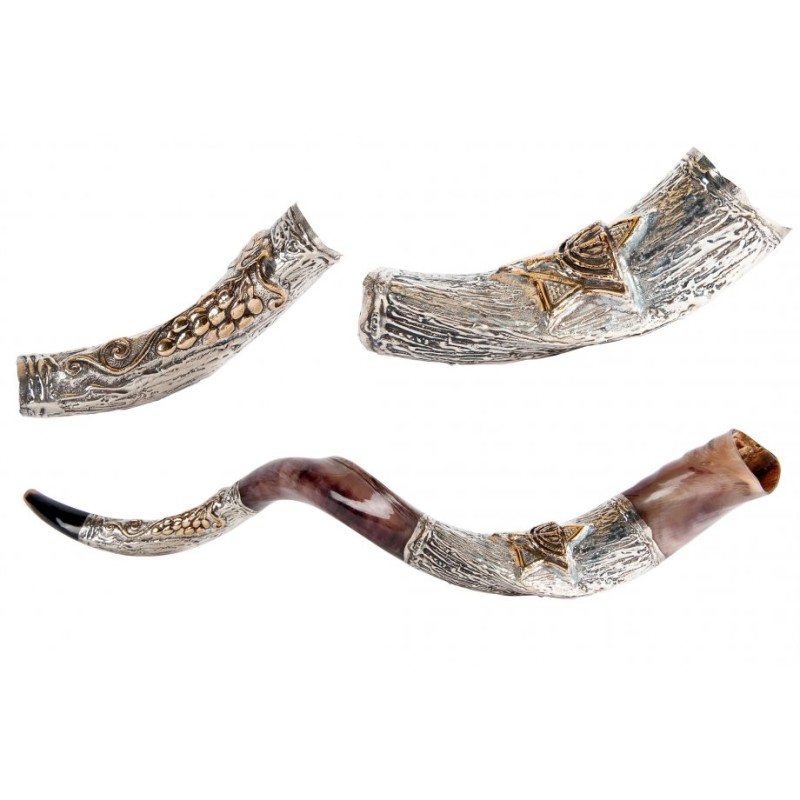 Decorative Yemenite Shofar with Sterling ... | Sterling Silver Shofars