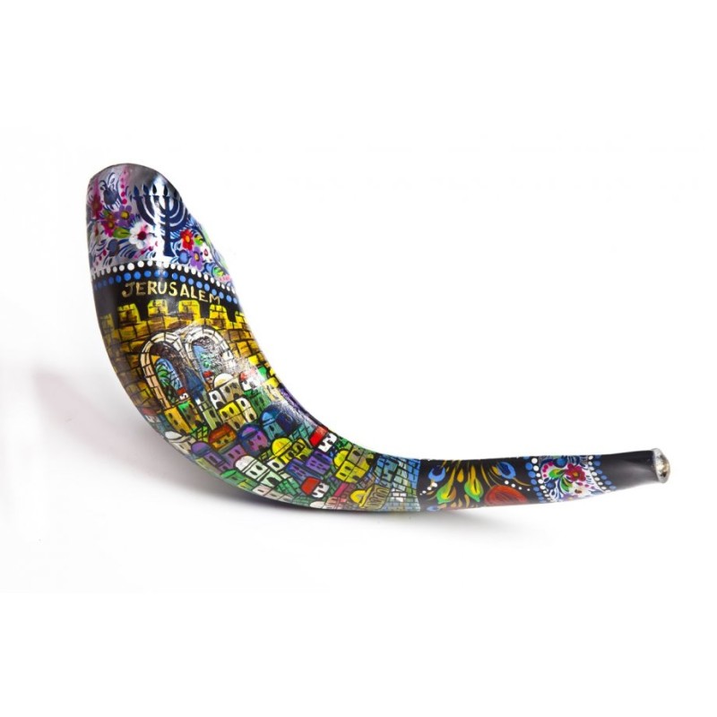 Shofar en corne de bélier peint à la main de Jérusalem | Shofars décorés