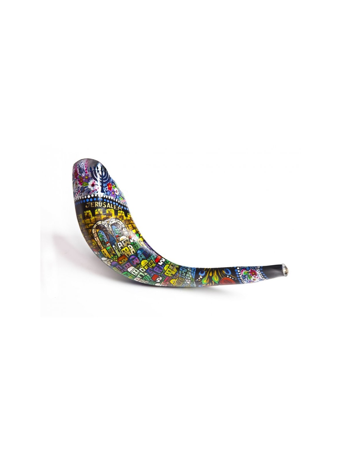 Shofar en corne de bélier peint à la main de Jérusalem | Shofars décorés
