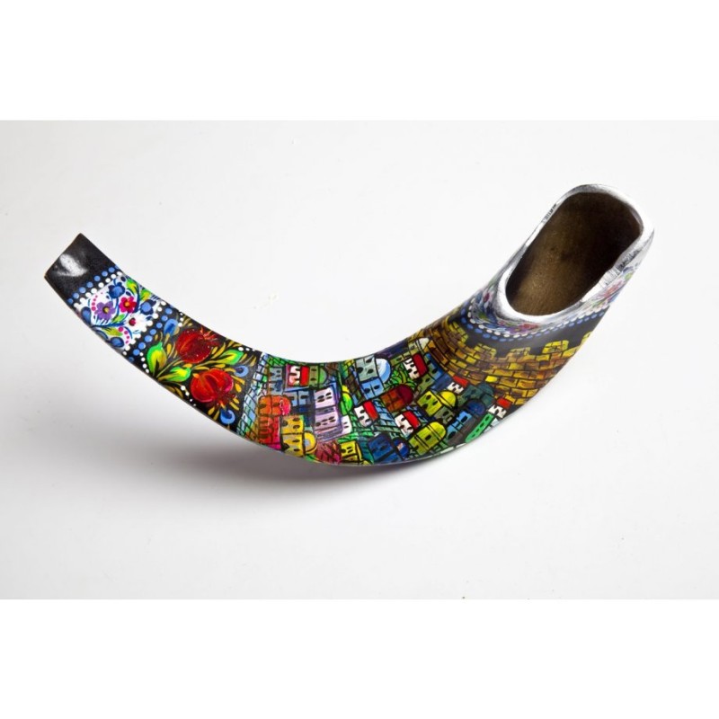 Shofar en corne de bélier peint à la main de Jérusalem | Shofars décorés