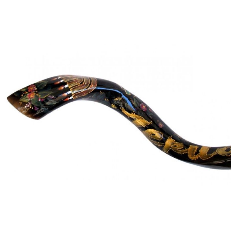 Collectors Hand Painted Yemenite Shofar Menorah | Decorated Shofars