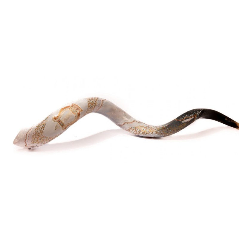 Collectors Hand Painted Yemenite Shofar Gold Lyre | Decorated Shofars