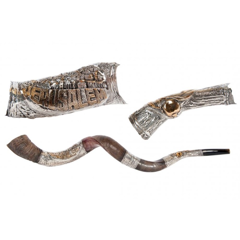 Decorative Yemenite Shofar with Sterling ... | Sterling Silver Shofars