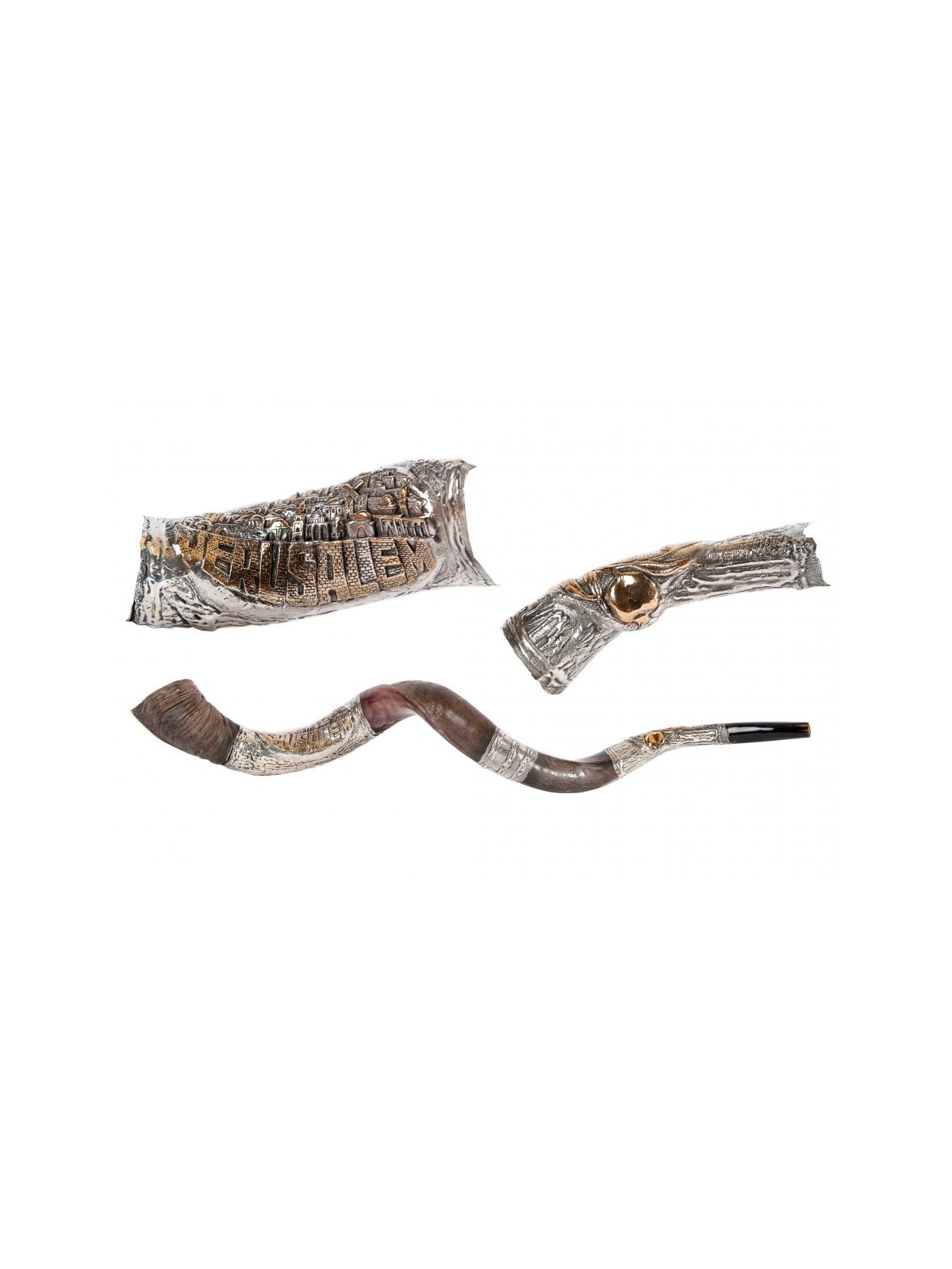 Decorative Yemenite Shofar with Sterling ... | Sterling Silver Shofars