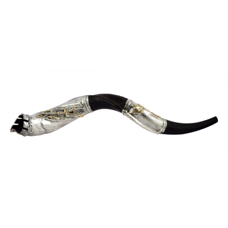 Shofar yéménite en argent coupé en couronne Jérusalem | Shofars en argent sterling
