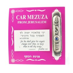 Mezouza de voiture plaquée argent avec tibia et pierre bleue | Mézouza de voiture
