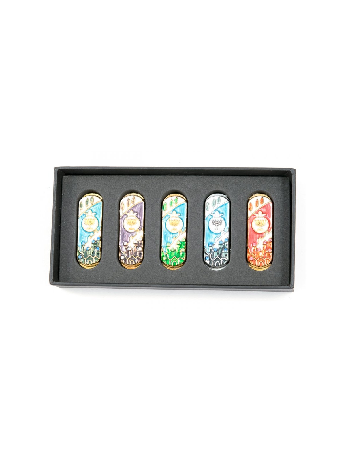 Ensemble de cinq mezouzas de voiture dans une boîte cadeau Jérusalem et moi... | Mézouza de voiture