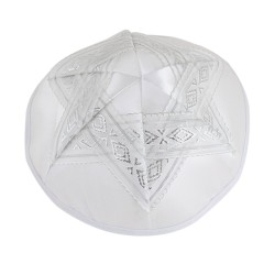 White Satin Kippah Silver Star of David Design | Satin Kippah