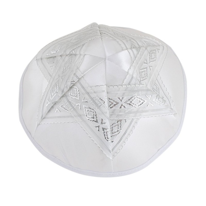 White Satin Kippah Silver Star of David Design | Satin Kippah