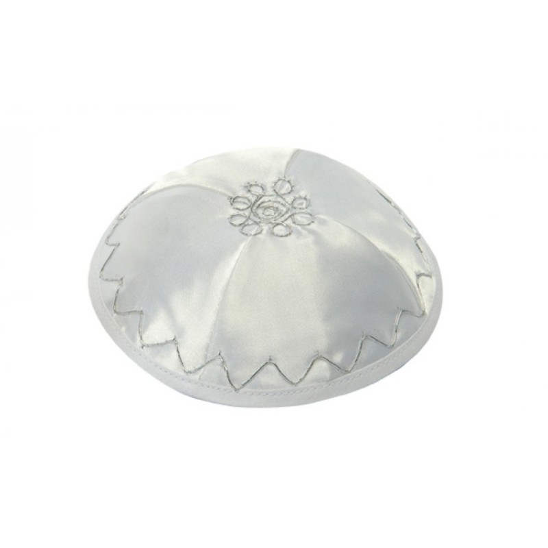 White Satin Kippah with Silver Diagonal Design | Satin Kippah