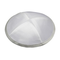 White Satin Four Panel Kippah with Silver Border Ribbon | Satin Kippah