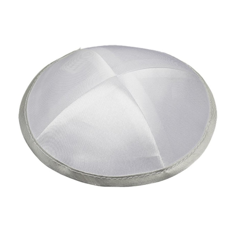 White Satin Four Panel Kippah with Silver Border Ribbon | Satin Kippah