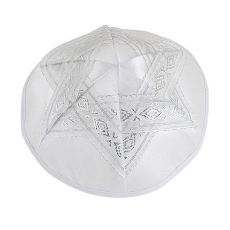 White Satin Kippah with Silver Ribbon Star of David ... | Satin Kippah