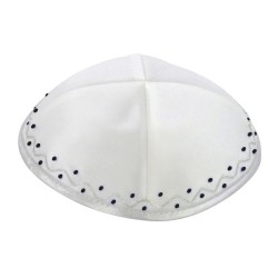 White Satin Kippah with Silver edging and Dotted Border | Satin Kippah