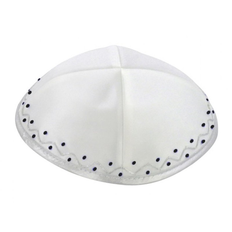 White Satin Kippah with Silver edging and Dotted Border | Satin Kippah