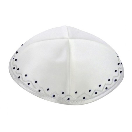 White Satin Kippah with Silver edging and Dotted Border | Satin Kippah