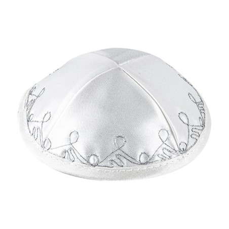 White Terylene Kippah with silver border design | Satin Kippah