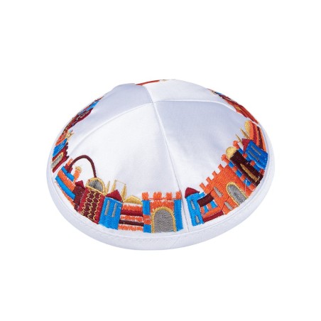 White Satiny Kippah with Attached Clip and Colorful ... | Satin Kippah