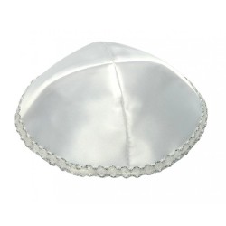 White Satin Kippah with Wavy Silver Trim on Edge | Satin Kippah