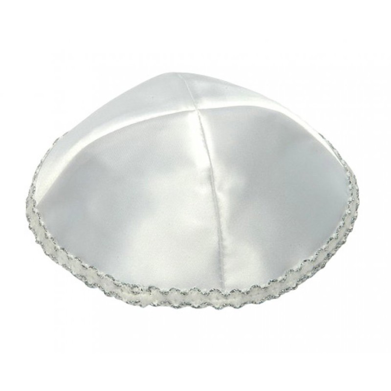 White Satin Kippah with Wavy Silver Trim on Edge | Satin Kippah
