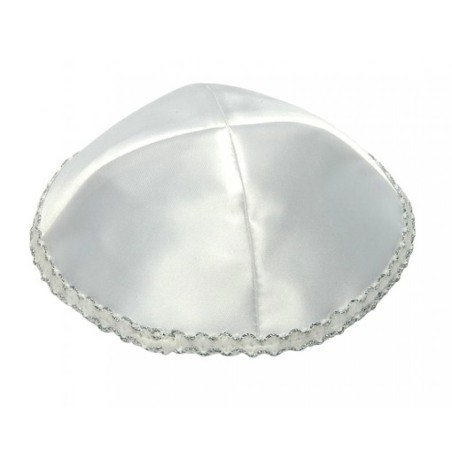 White Satin Kippah with Wavy Silver Trim on Edge | Satin Kippah