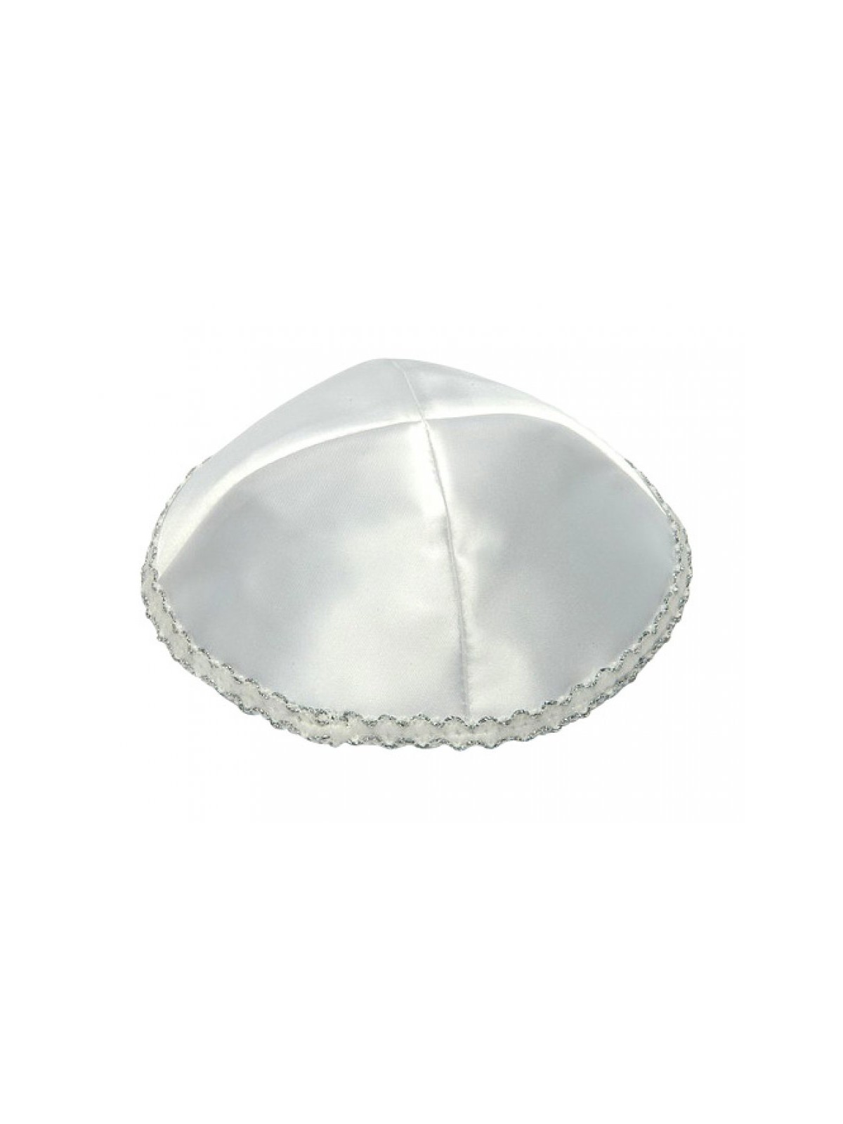 White Satin Kippah with Wavy Silver Trim on Edge | Satin Kippah