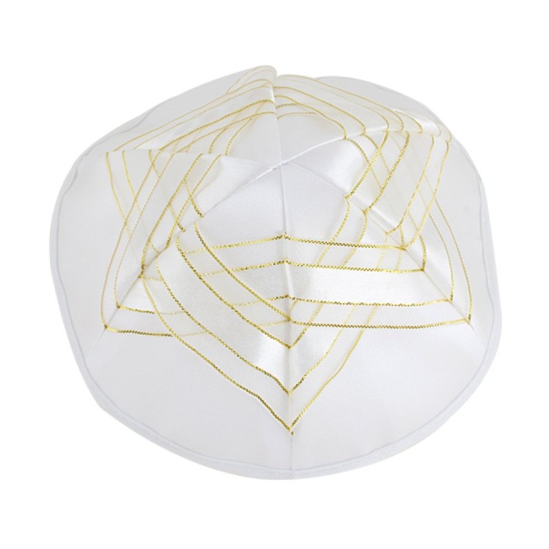 White Satin Kippah Gold Star of David Design | Satin Kippah
