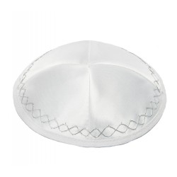 White Satin Kippah With Silver Geometric Border Design | Satin Kippah