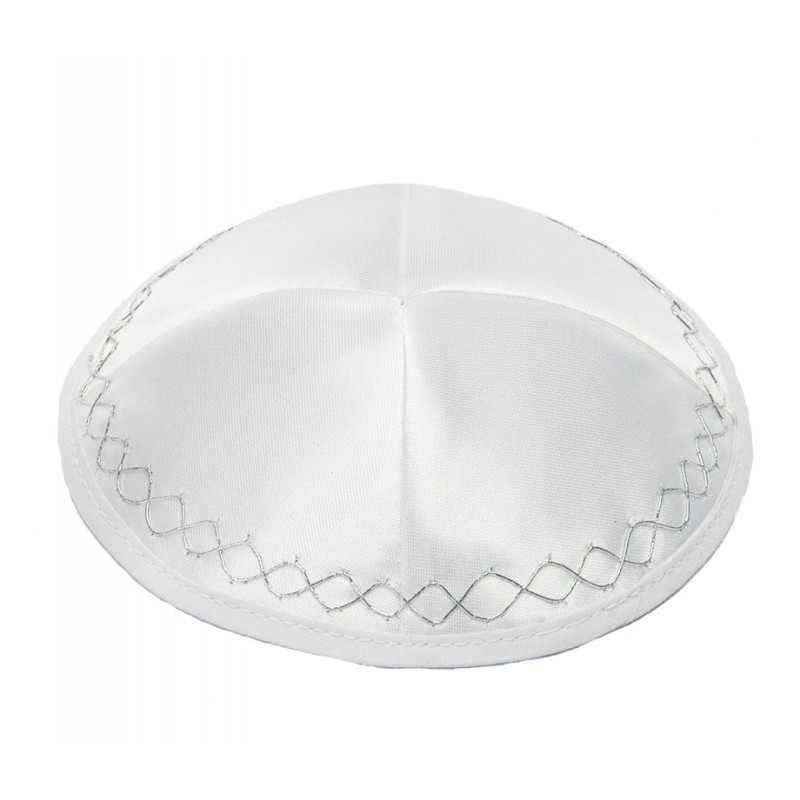 White Satin Kippah With Silver Geometric Border Design | Satin Kippah