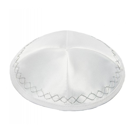 White Satin Kippah With Silver Geometric Border Design | Satin Kippah