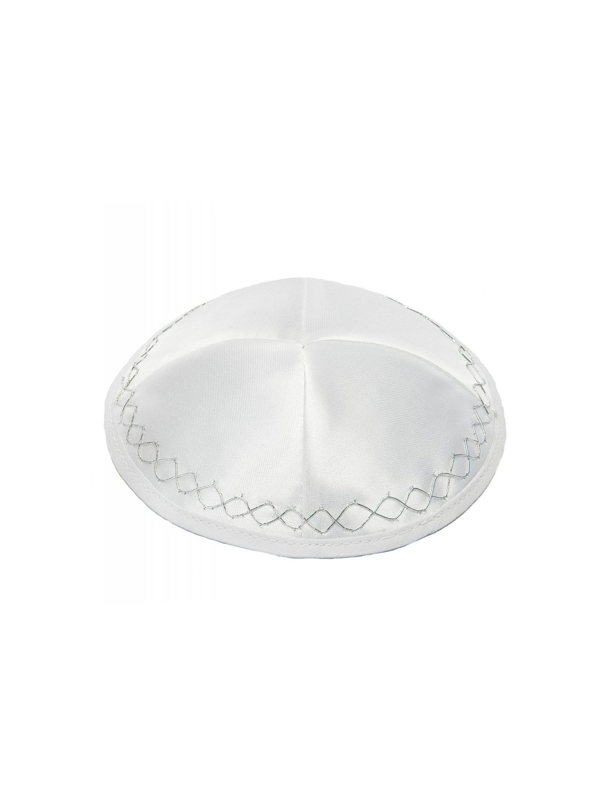 White Satin Kippah With Silver Geometric Border Design | Satin Kippah