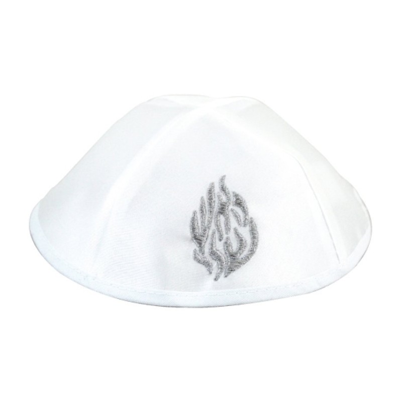 White Satin Kippah with My Fire Breslev Design | Satin Kippah