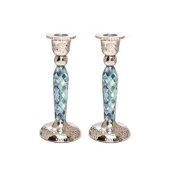 Yair Emanuel Hammered Stainless Steel Blue Geometric... | Candlesticks