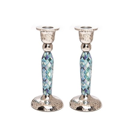 Yair Emanuel Hammered Stainless Steel Blue Geometric... | Candlesticks