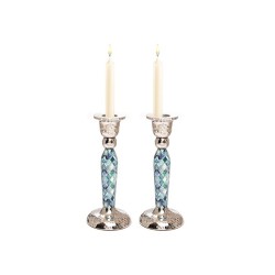 Yair Emanuel Hammered Stainless Steel Blue Geometric... | Candlesticks