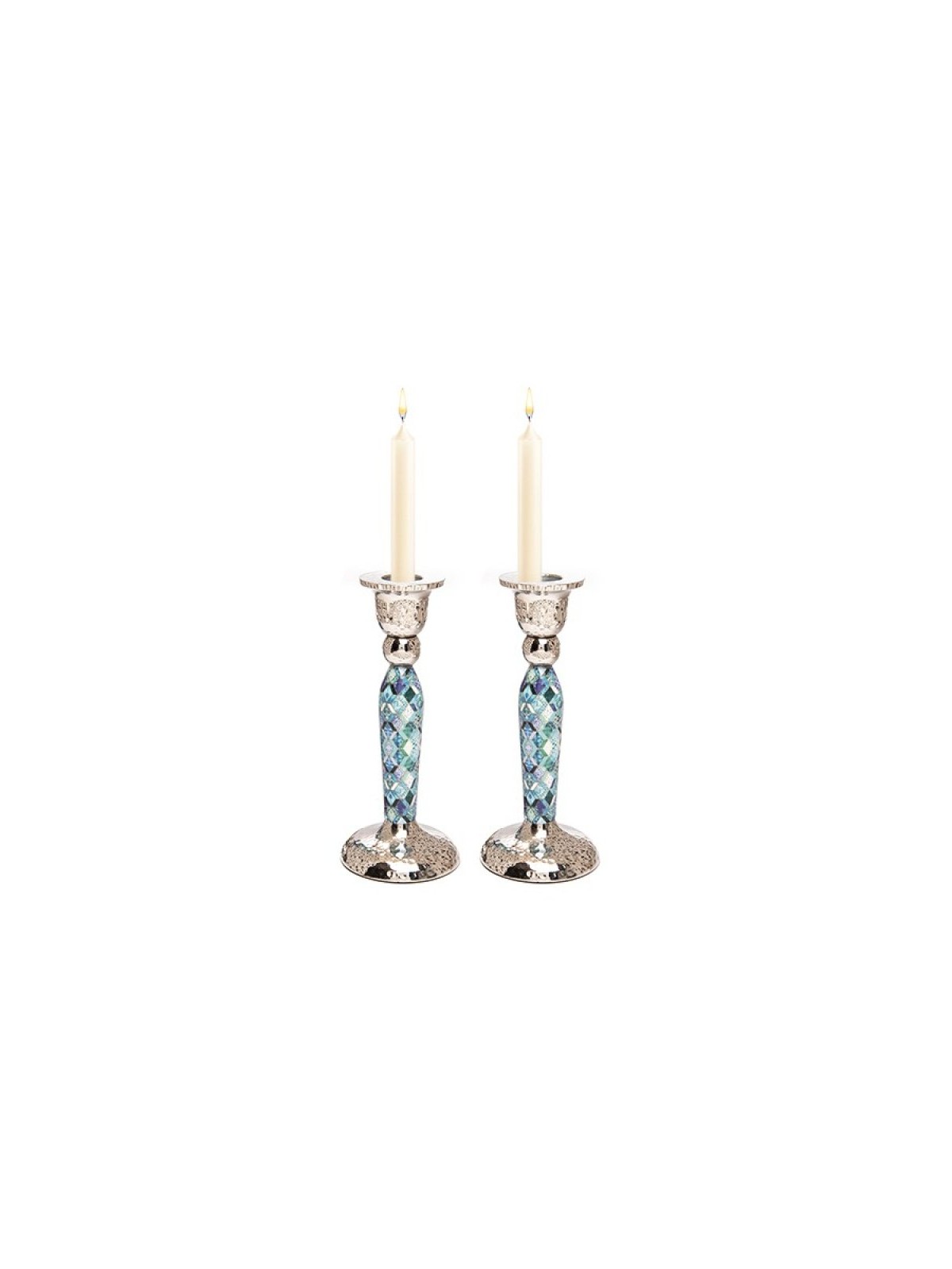 Yair Emanuel Hammered Stainless Steel Blue Geometric... | Candlesticks